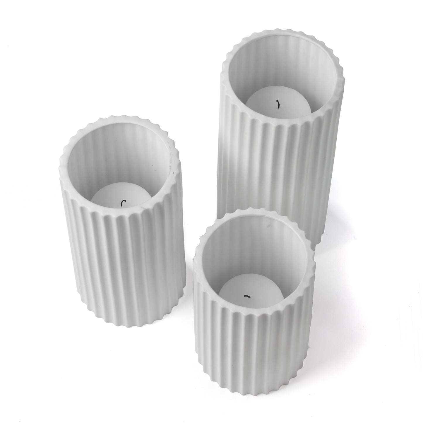 Set of 12, Slim Pillar Candles and Selene Ceramic Cylinders