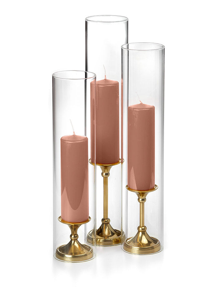 12 Slim Pillar Candles, Glass Chimneys and 12 Gold Timeless Pillar Holders