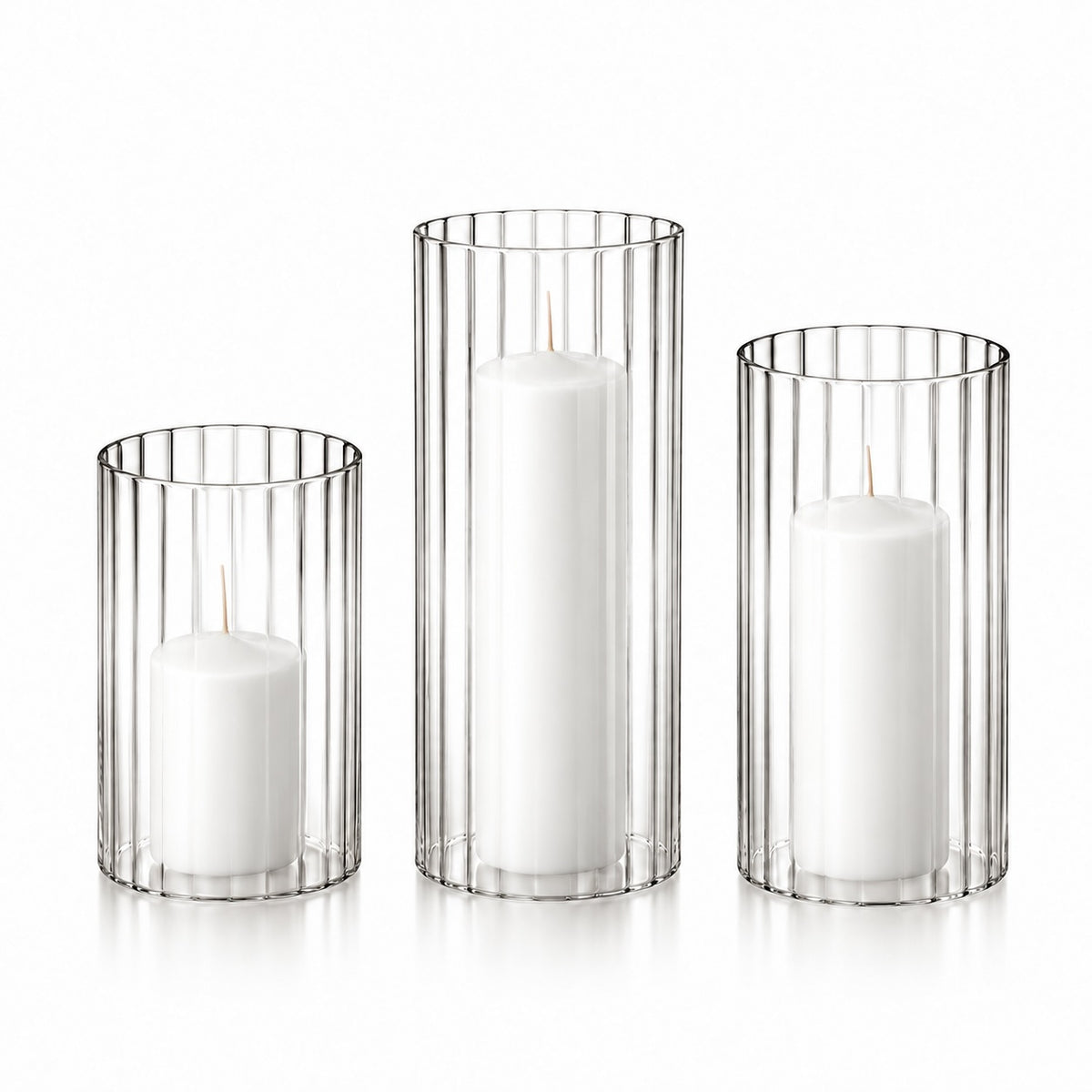 12 Slim Pillar Candles and Ribbed Cylinder Vases