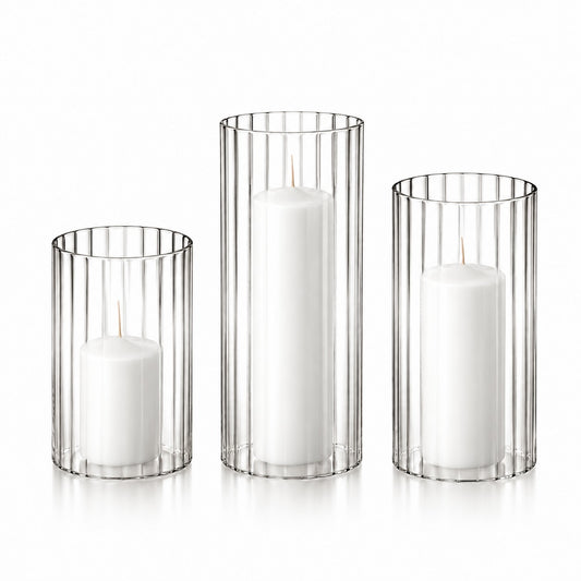 12 Slim Pillar Candles and Ribbed Cylinder Vases