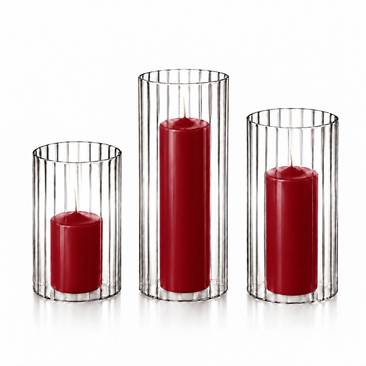 12 Slim Pillar Candles and Ribbed Cylinder Vases