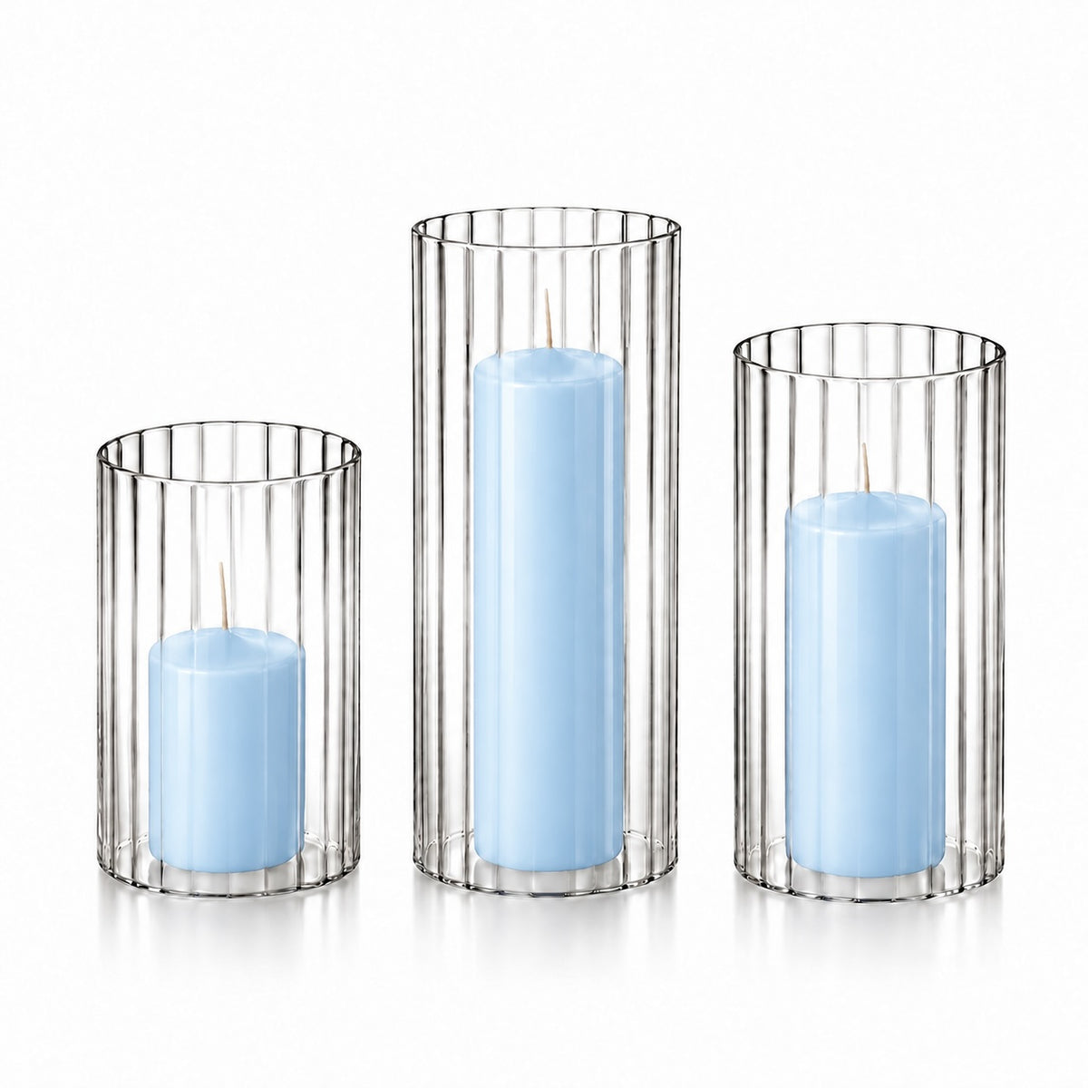 12 Slim Pillar Candles and Ribbed Cylinder Vases