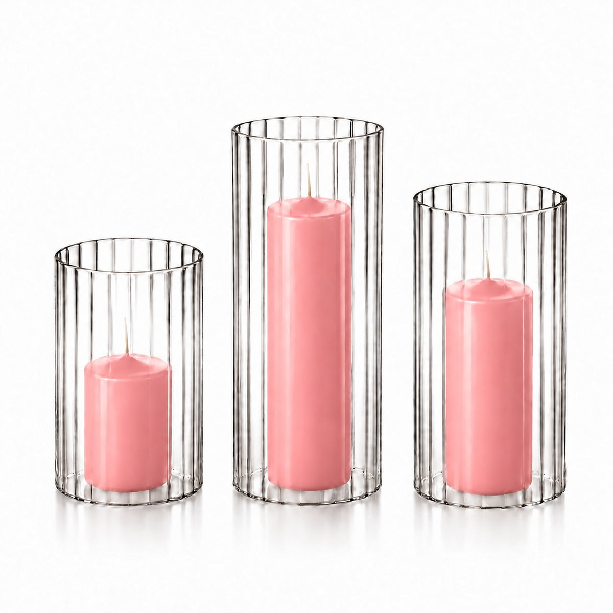 12 Slim Pillar Candles and Ribbed Cylinder Vases