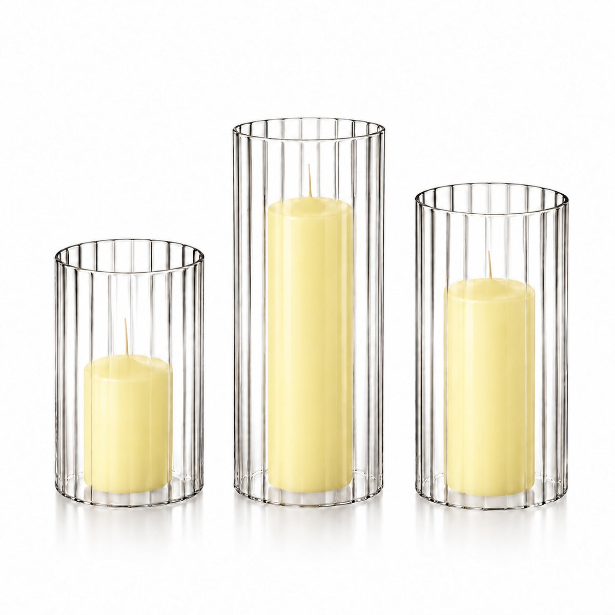 12 Slim Pillar Candles and Ribbed Cylinder Vases