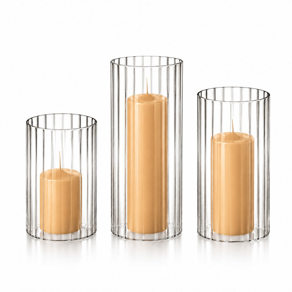 12 Slim Pillar Candles and Ribbed Cylinder Vases