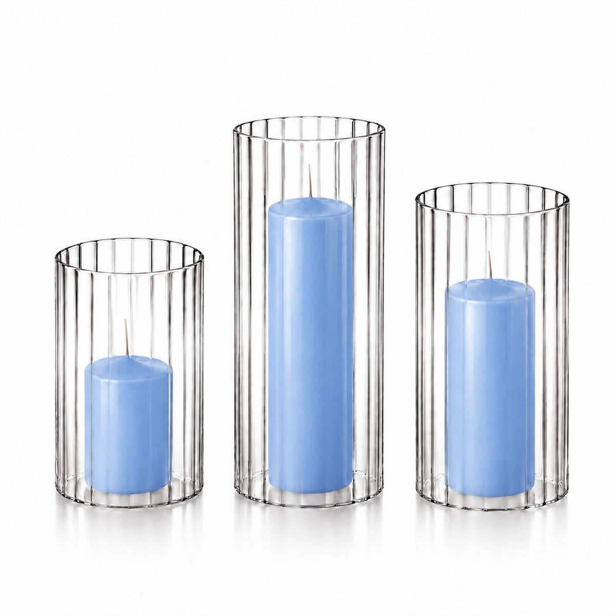 12 Slim Pillar Candles and Ribbed Cylinder Vases