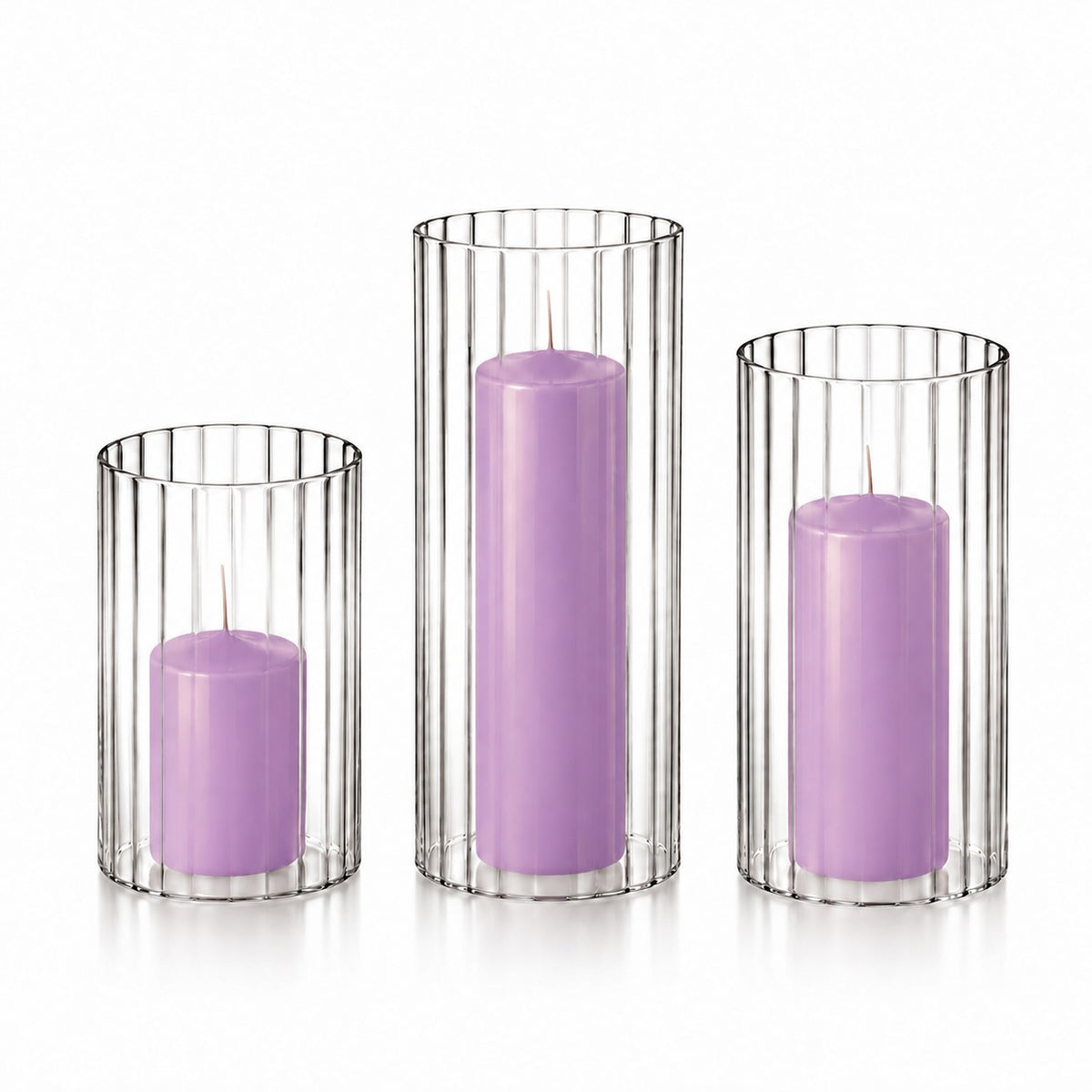 12 Slim Pillar Candles and Ribbed Cylinder Vases