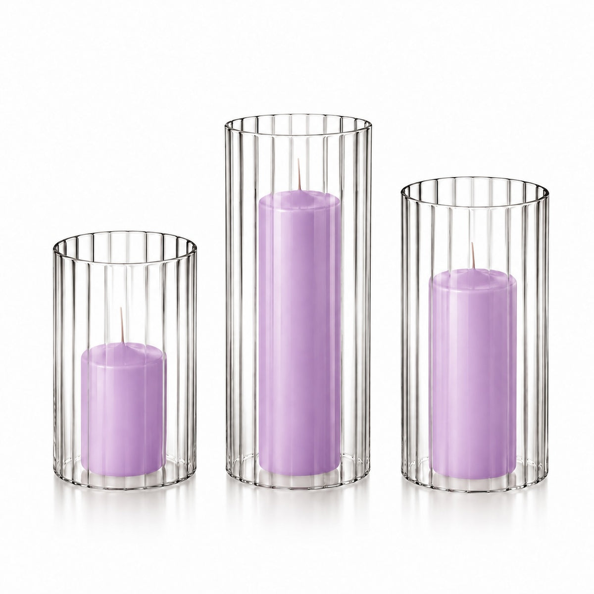 12 Slim Pillar Candles and Ribbed Cylinder Vases