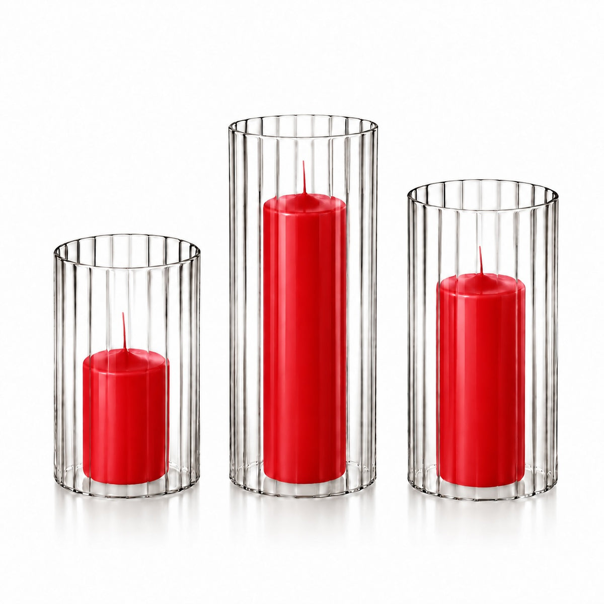 12 Slim Pillar Candles and Ribbed Cylinder Vases