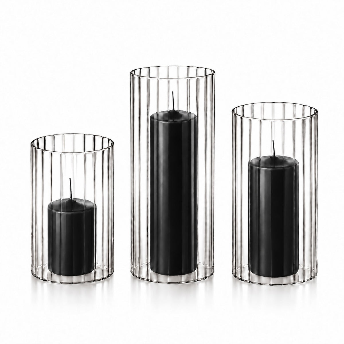 12 Slim Pillar Candles and Ribbed Cylinder Vases