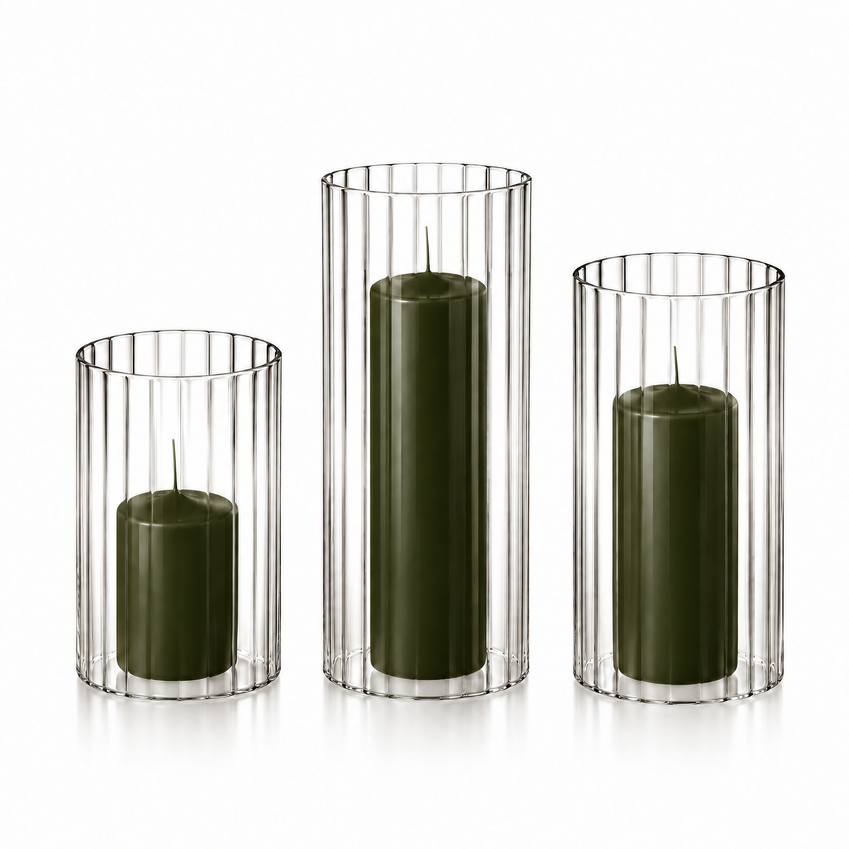 12 Slim Pillar Candles and Ribbed Cylinder Vases