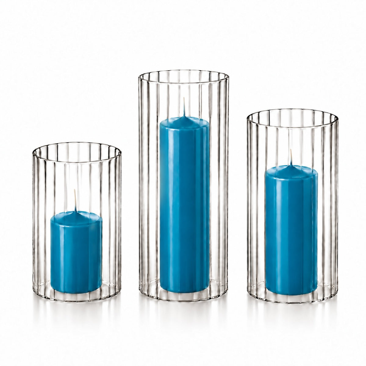 12 Slim Pillar Candles and Ribbed Cylinder Vases