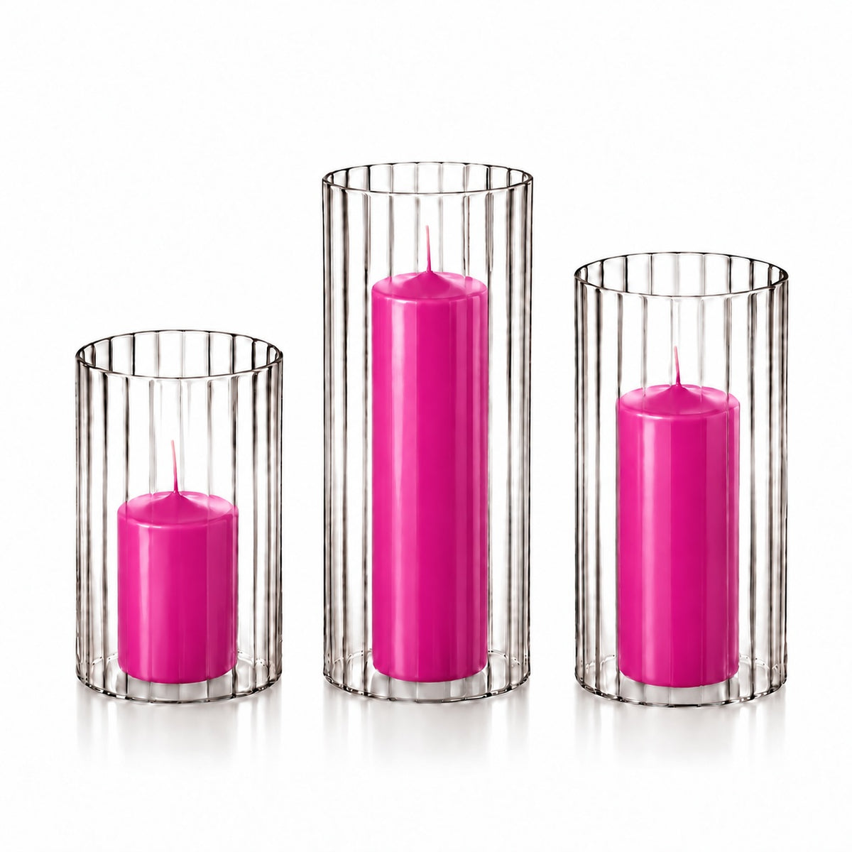 12 Slim Pillar Candles and Ribbed Cylinder Vases