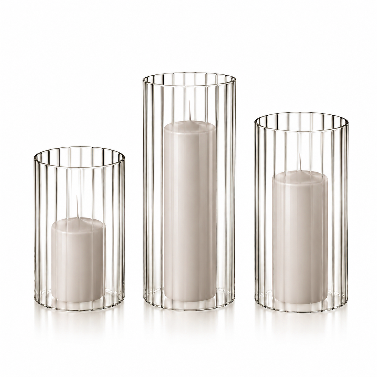 12 Slim Pillar Candles and Ribbed Cylinder Vases