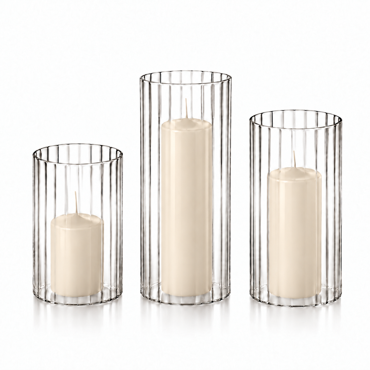 12 Slim Pillar Candles and Ribbed Cylinder Vases