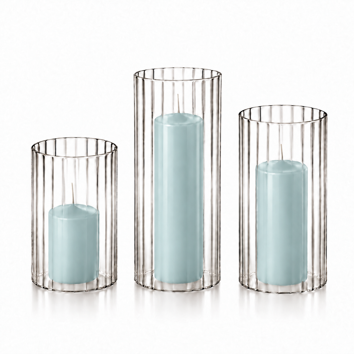 12 Slim Pillar Candles and Ribbed Cylinder Vases