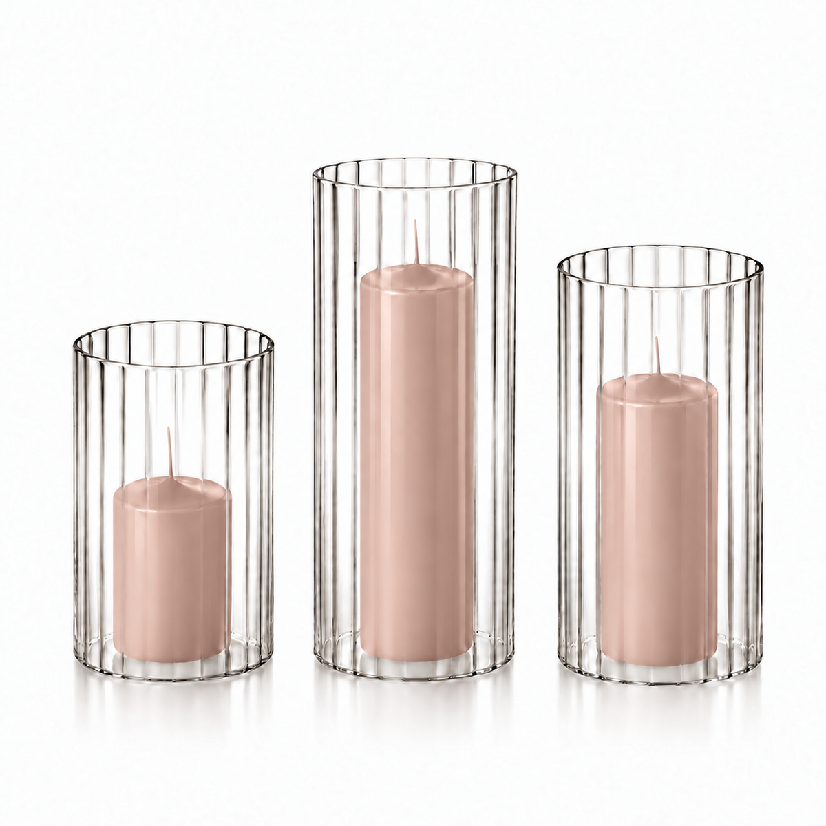 12 Slim Pillar Candles and Ribbed Cylinder Vases