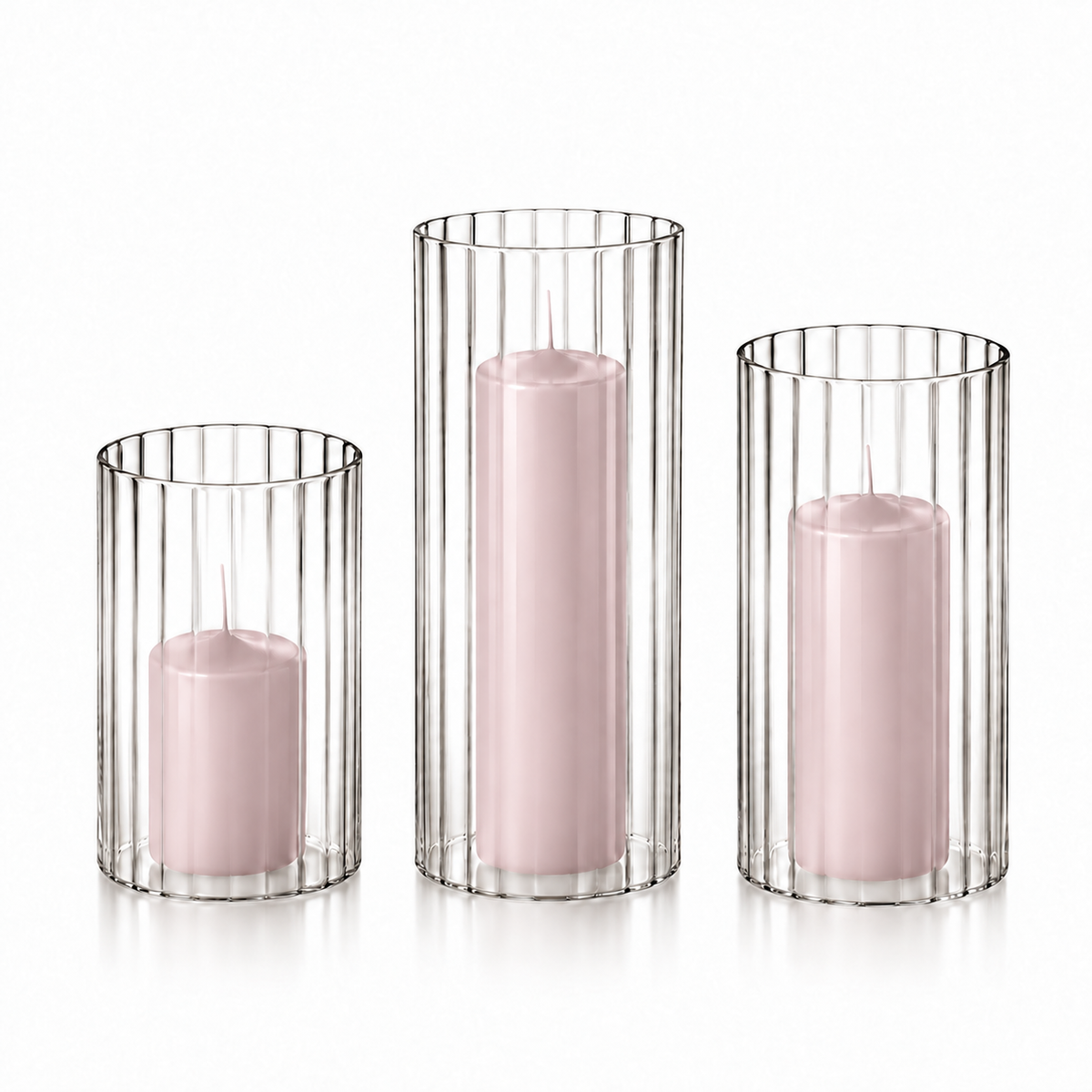 12 Slim Pillar Candles and Ribbed Cylinder Vases