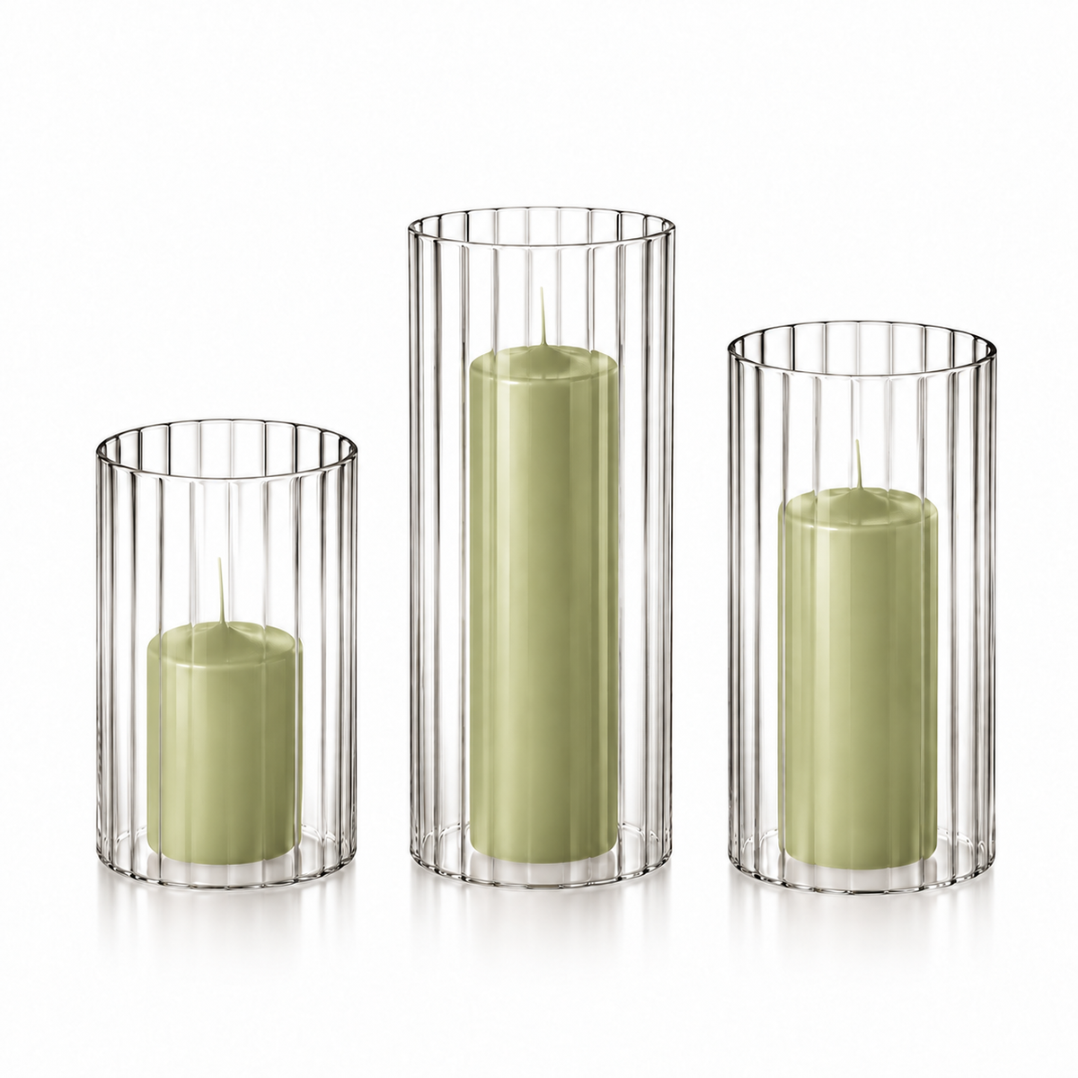 12 Slim Pillar Candles and Ribbed Cylinder Vases