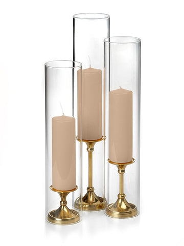 Yummi Candles - 12 Slim Pillar Candles, Glass Chimneys and 12 Gold Timeless Pillar Holders