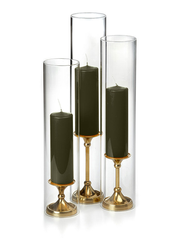 12 Slim Pillar Candles, Glass Chimneys and 12 Gold Timeless Pillar Holders