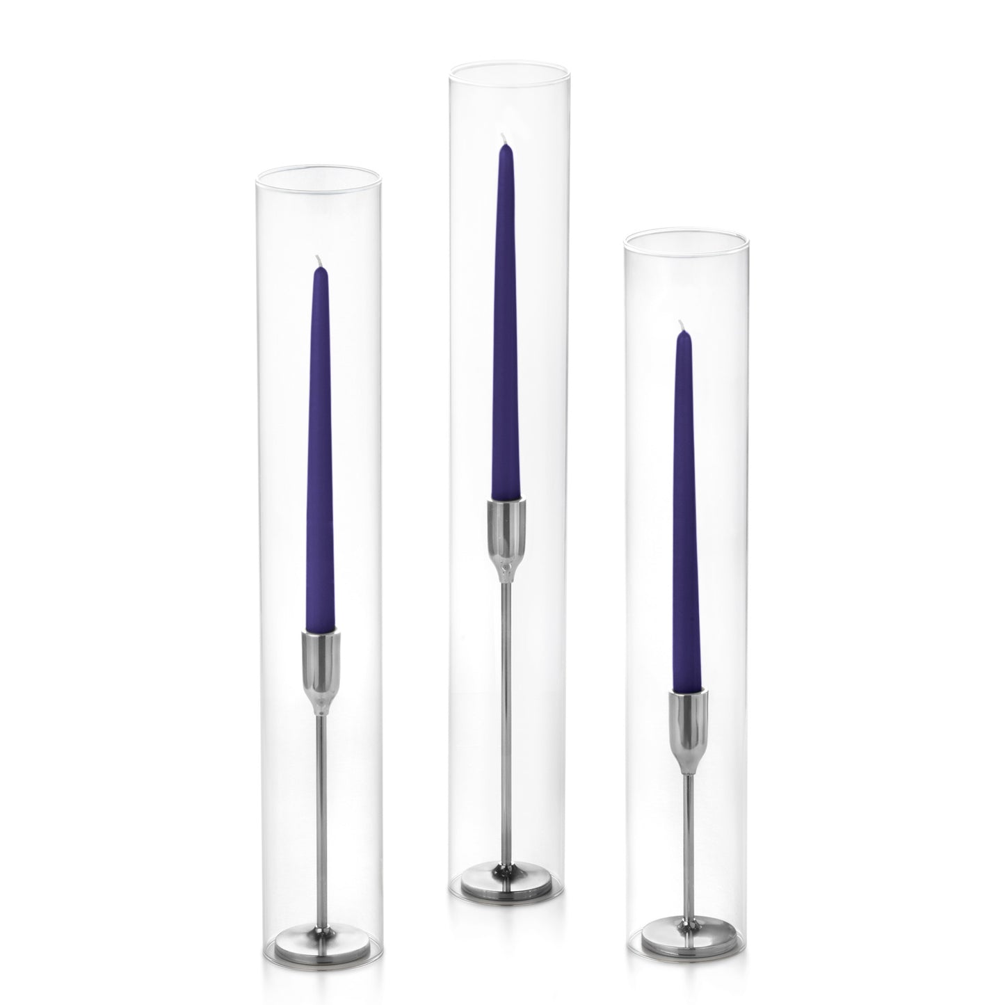 12 Taper Candles, 12 Tall Chimneys and 12 Silver Virtu Candlesticks