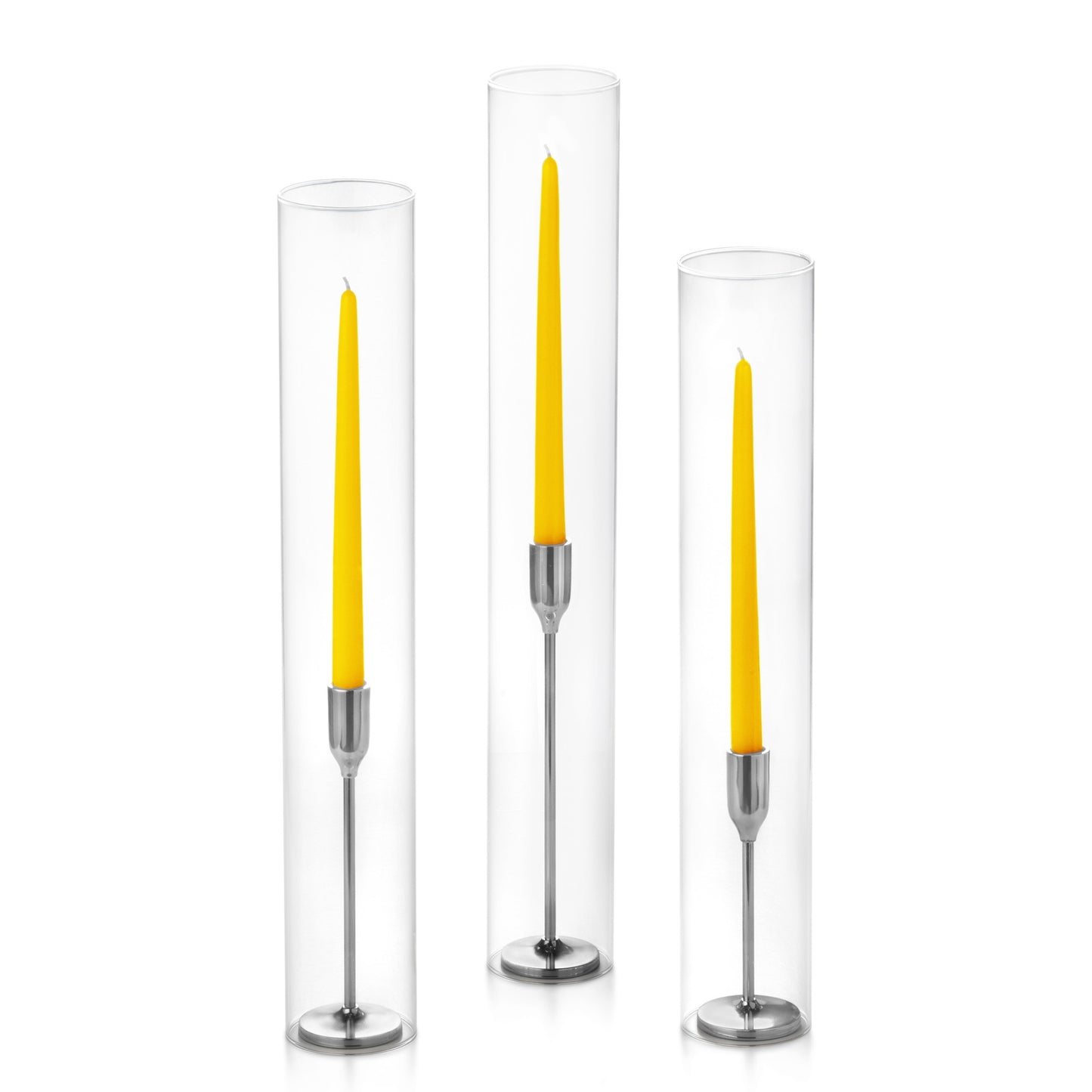 12 Taper Candles, 12 Tall Chimneys and 12 Silver Virtu Candlesticks