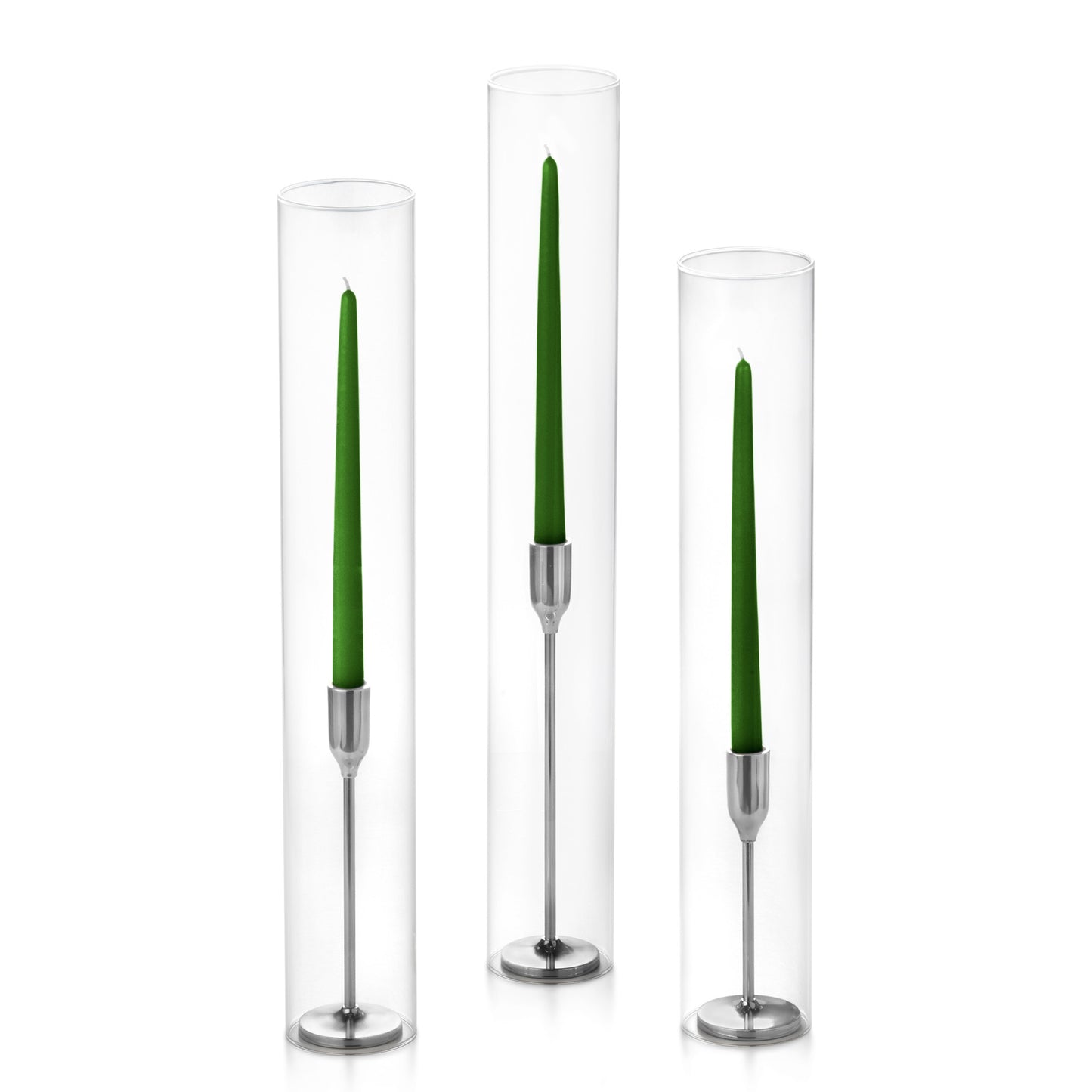 12 Taper Candles, 12 Tall Chimneys and 12 Silver Virtu Candlesticks