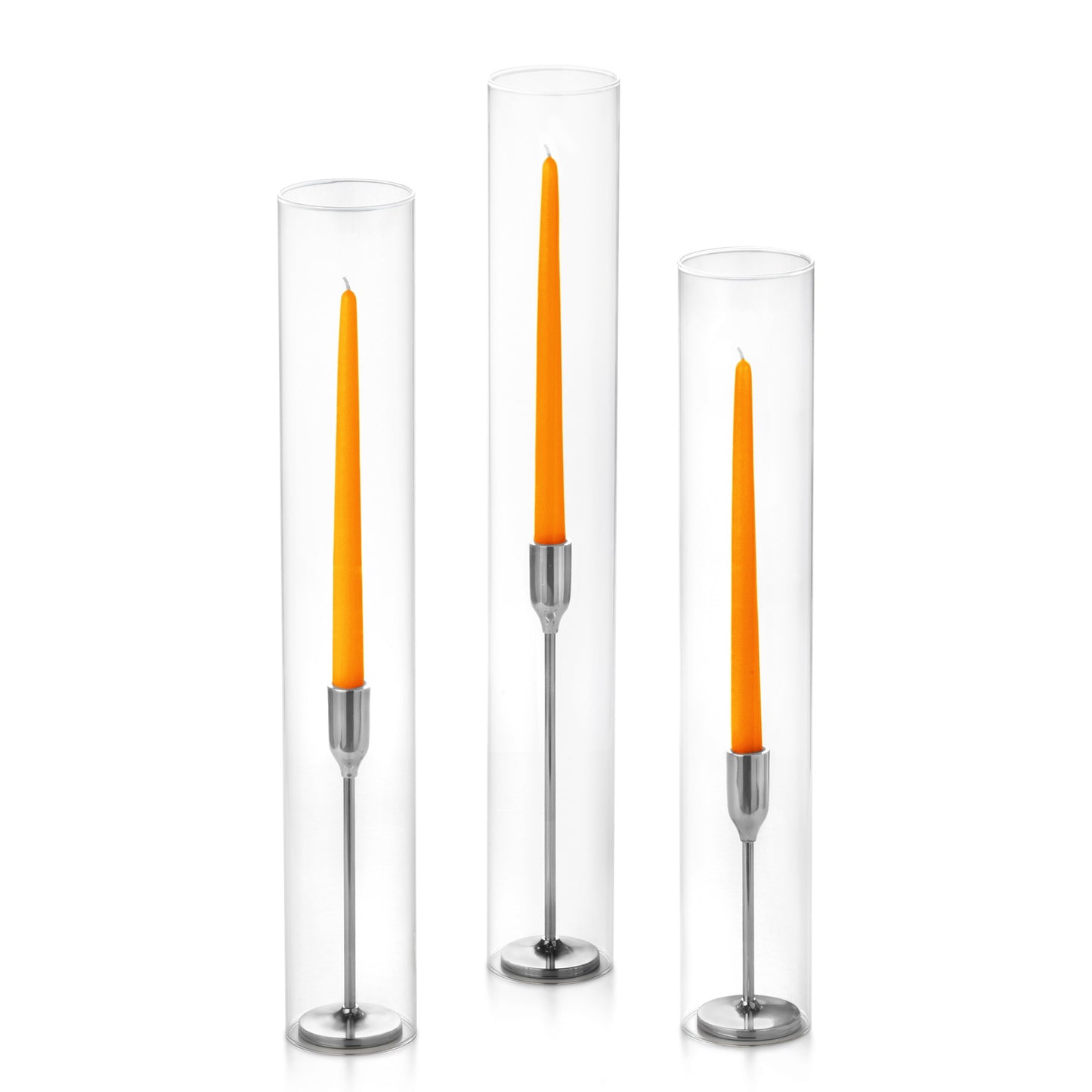 12 Taper Candles, 12 Tall Chimneys and 12 Silver Virtu Candlesticks