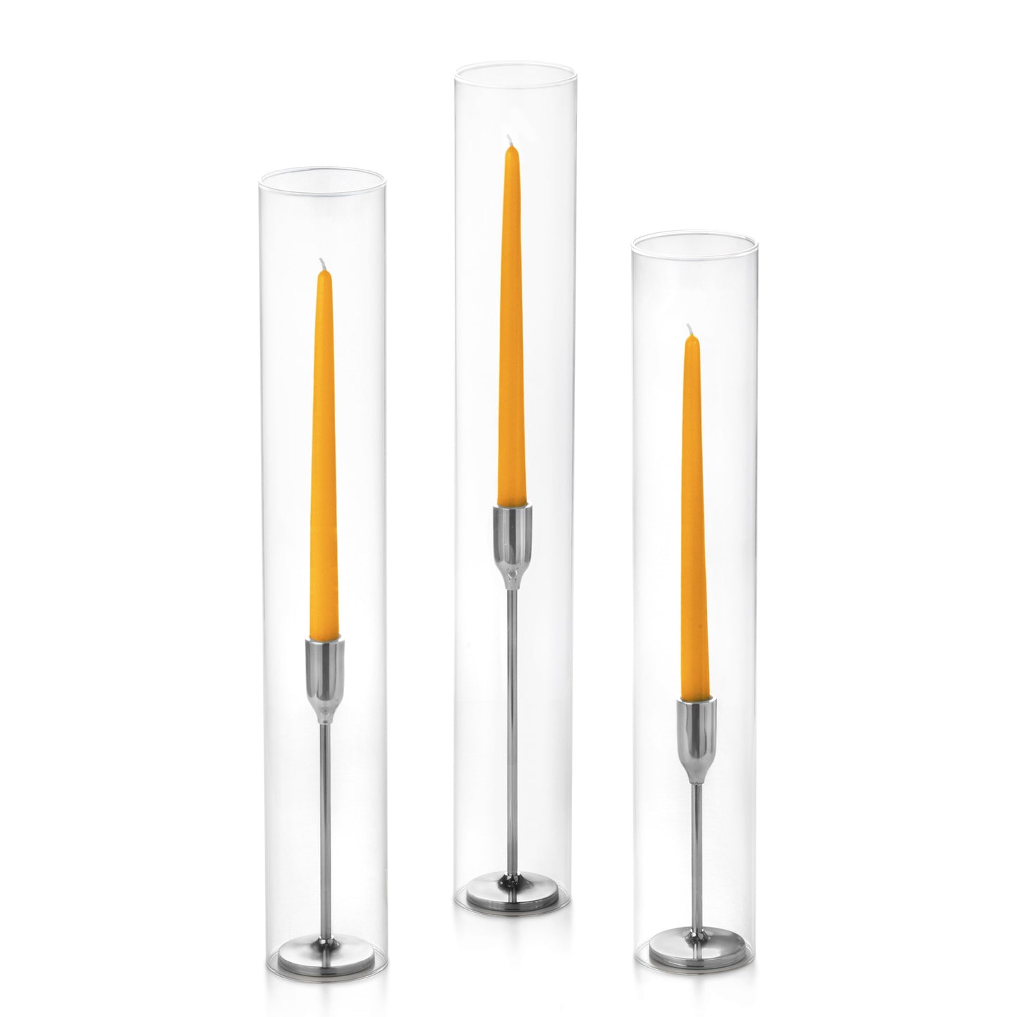 12 Taper Candles, 12 Tall Chimneys and 12 Silver Virtu Candlesticks