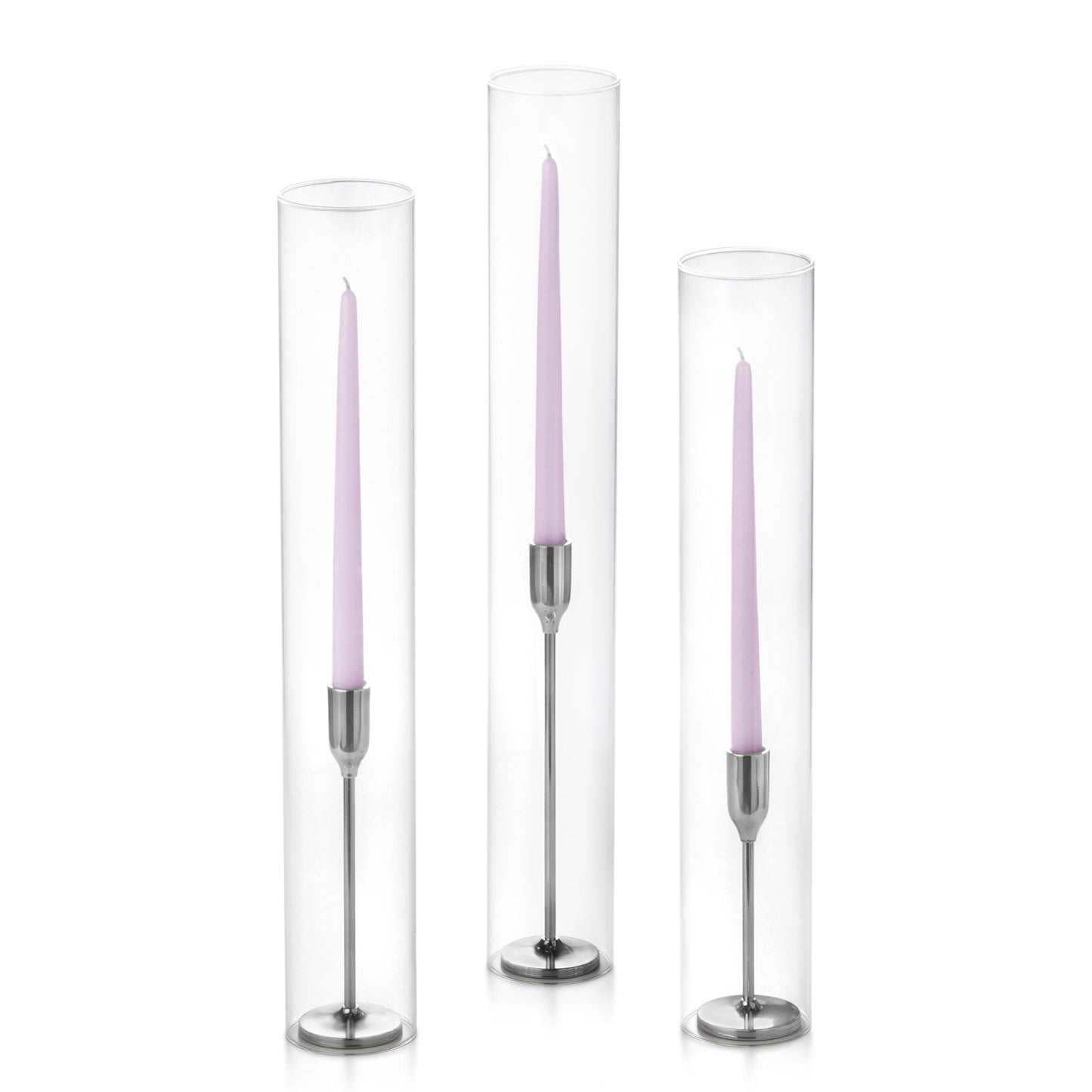 12 Taper Candles, 12 Tall Chimneys and 12 Silver Virtu Candlesticks