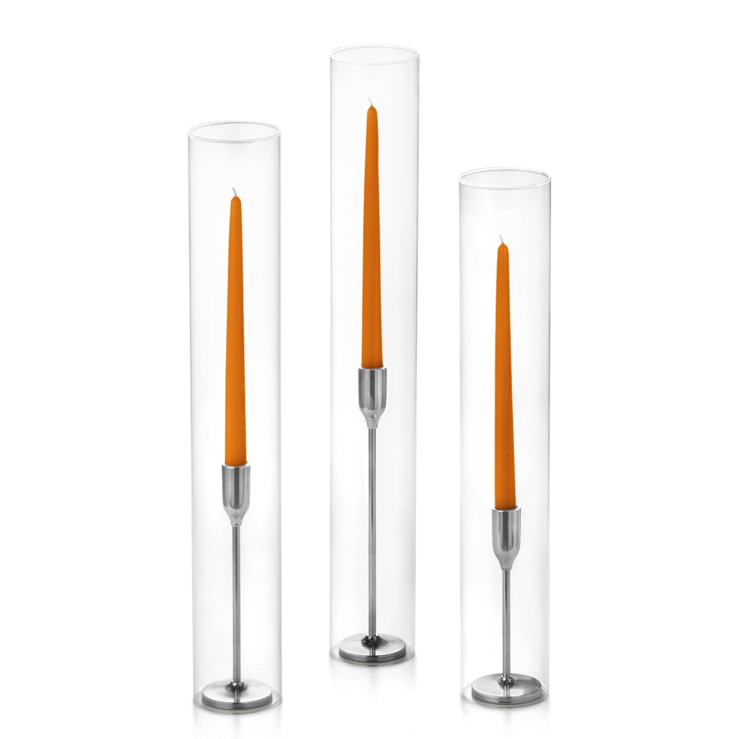 12 Taper Candles, 12 Tall Chimneys and 12 Silver Virtu Candlesticks