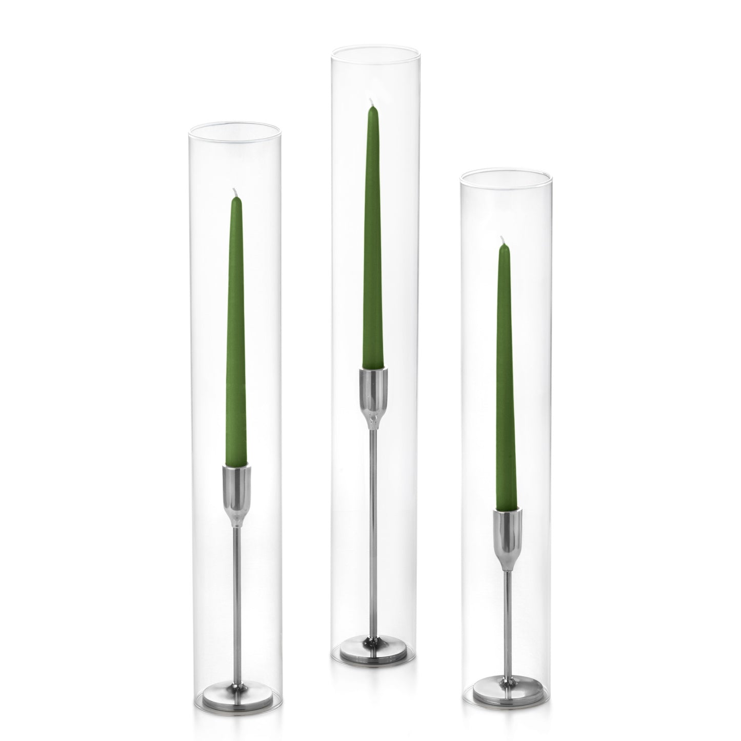 12 Taper Candles, 12 Tall Chimneys and 12 Silver Virtu Candlesticks