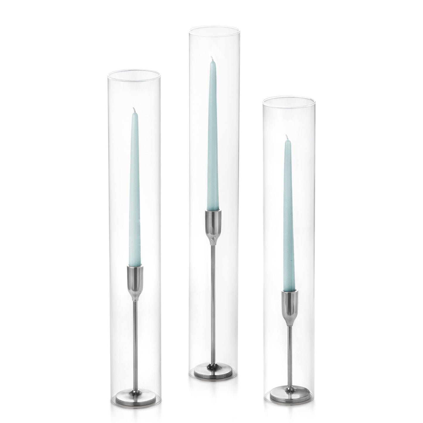 12 Taper Candles, 12 Tall Chimneys and 12 Silver Virtu Candlesticks
