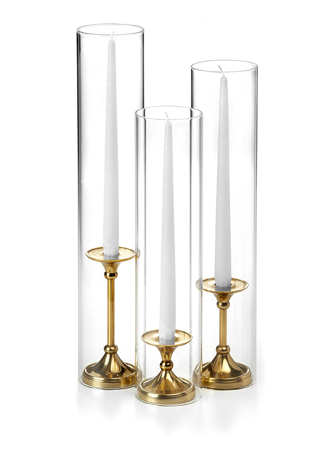 12 Taper Candles, 12 Glass Chimneys and 12 Gold Timeless Taper