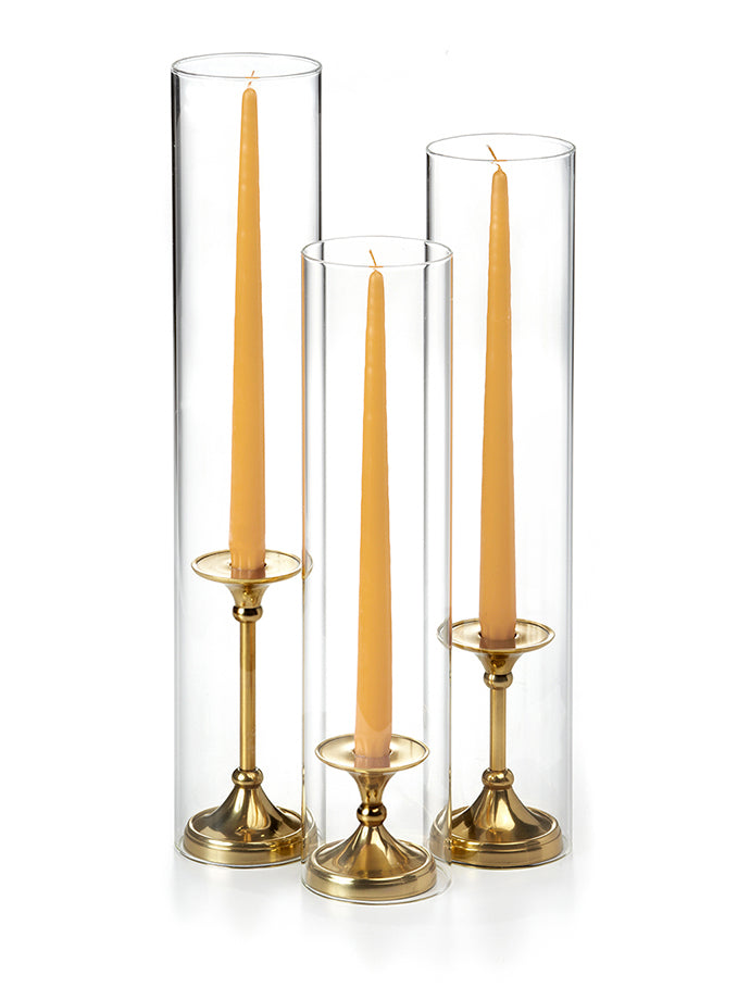 12 Taper Candles, 12 Glass Chimneys and 12 Gold Timeless Taper