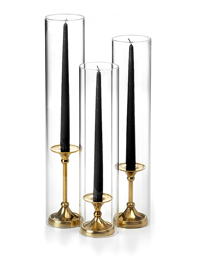 12 Taper Candles, 12 Glass Chimneys and 12 Gold Timeless Taper
