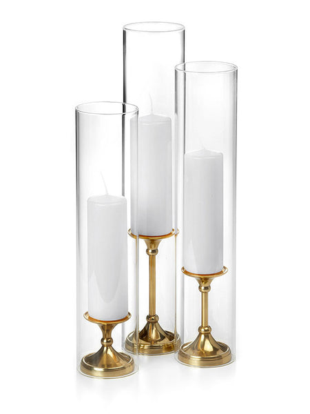 12 Slim Pillar Candles, Glass Chimneys and 12 Gold Timeless Pillar Holders