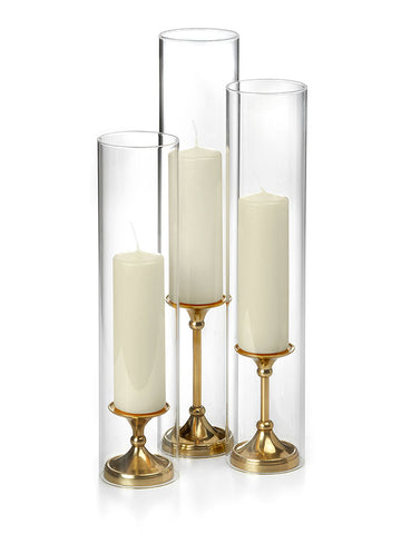 Yummi Candles - 12 Slim Pillar Candles, Glass Chimneys and 12 Gold Timeless Pillar Holders