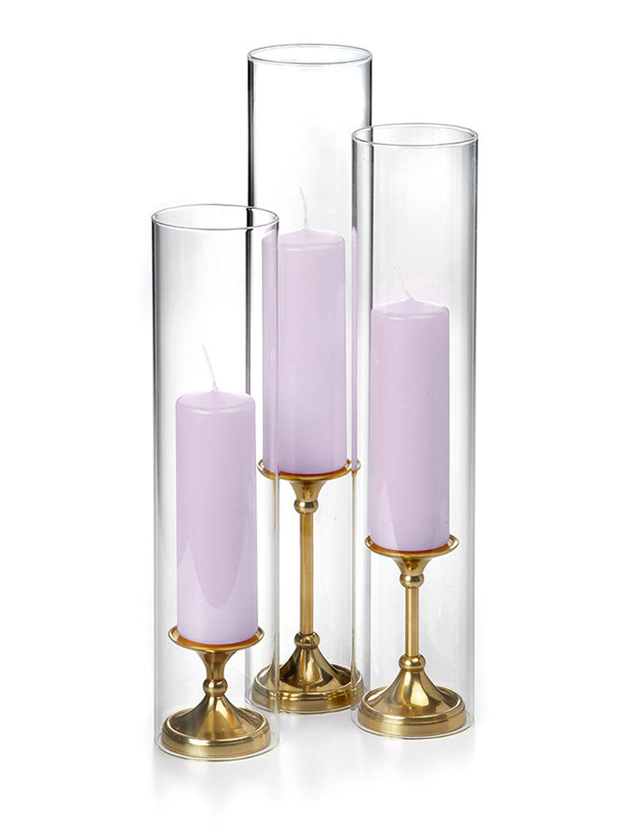 12 Slim Pillar Candles, Glass Chimneys and 12 Gold Timeless Pillar