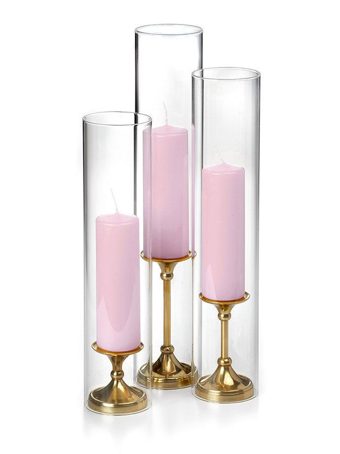 12 Slim Pillar Candles, Glass Chimneys and 12 Gold Timeless Pillar