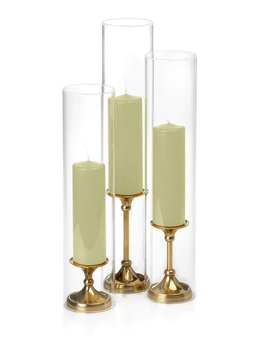 Yummi Candles - 12 Slim Pillar Candles, Glass Chimneys and 12 Gold Timeless Pillar Holders