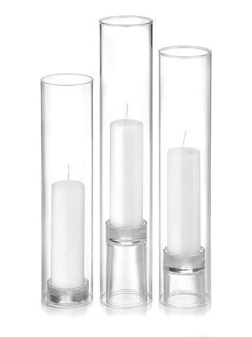 12 Slim Pillar Candles, 12 Glass Chimneys and 12 Glass Pillar Holders