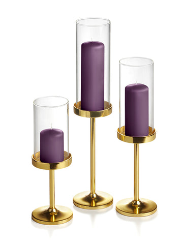 Yummi Candles - 12 Slim Pillar Candles, 12 Cylinder Vases and 12 Gold Vevo Pedestals