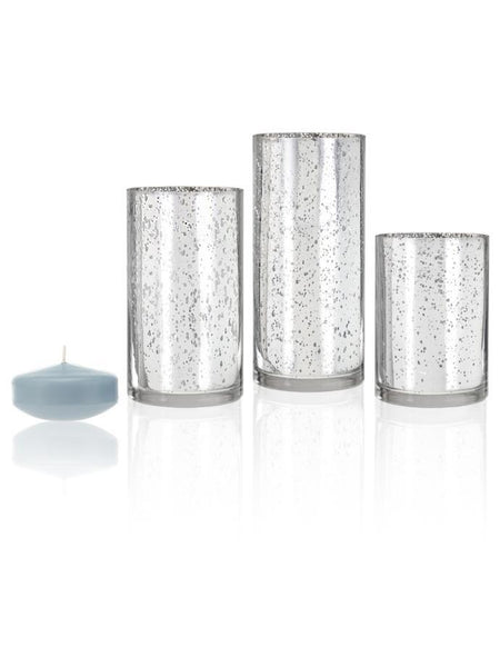 3" Floating Candles and Silver Metallic Cylinders Ice Blue