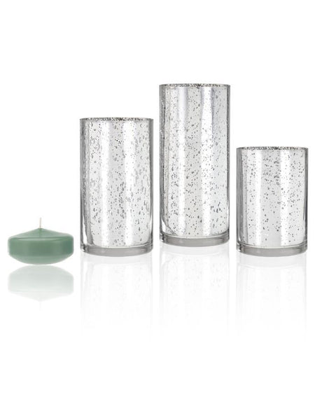 3" Floating Candles and Silver Metallic Cylinders Sage