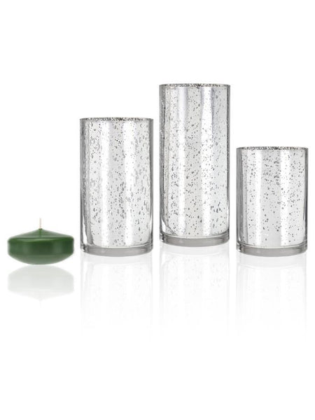 3" Floating Candles and Silver Metallic Cylinders Green Tea
