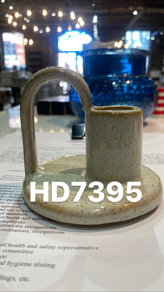 Round Stoneware Taper holder w Handle, Reactive Glaze