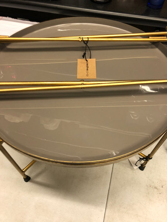 Enameled Tray On Folding Stand, Grey - Matte Brass Finish, Set Of 2